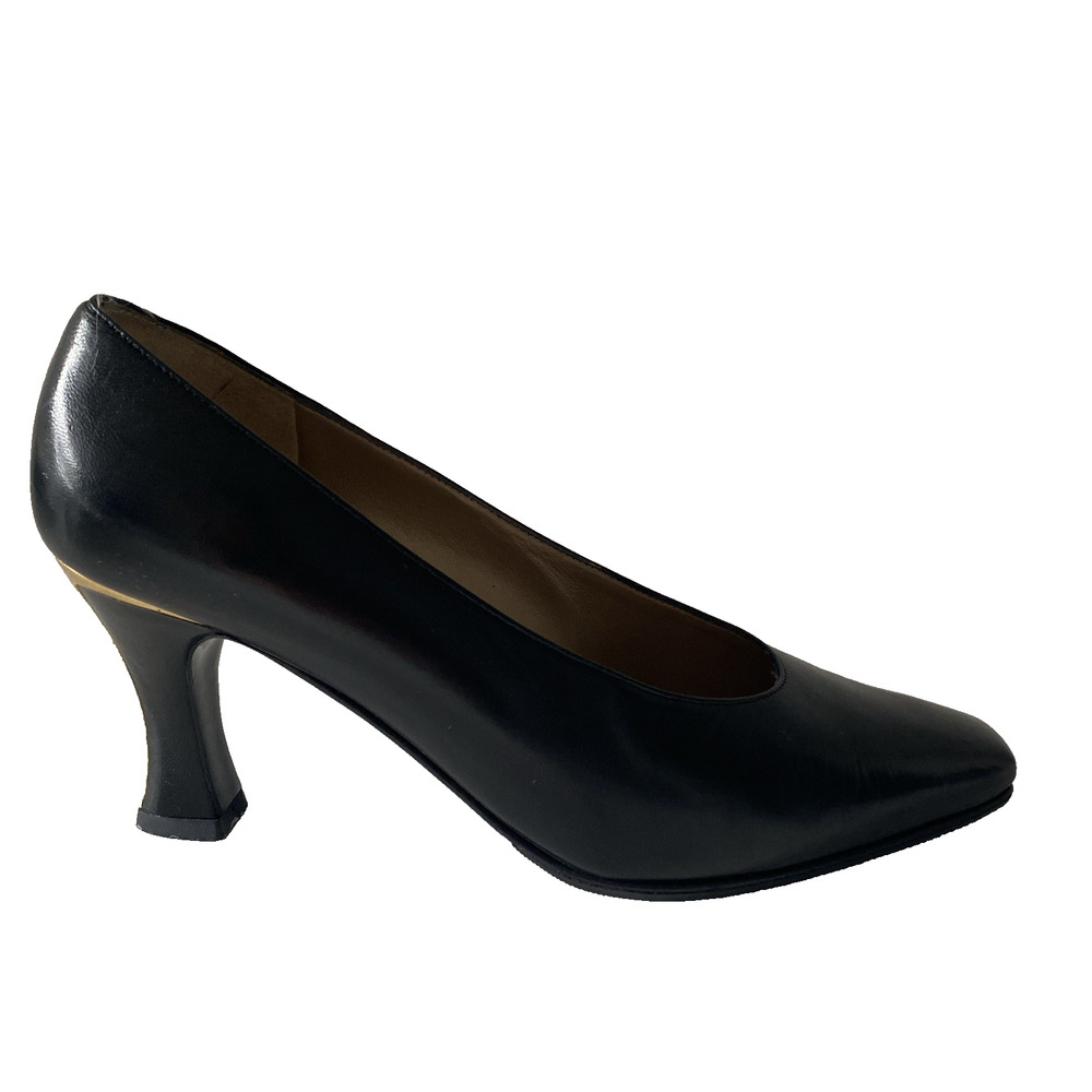 St John Pump Black Leather Point Snip Toe Gold Heel Classic 6.5 B Vintage
